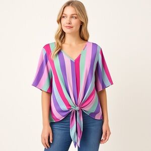 BIBI Multicolor Striped Tie Front Tunic Top Size Large